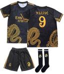 LeenBD Mbappe No #9 Madrid Special Gold Dragon Edition Kids Soccer Jersey Shirts Football Futbol Socks Set Youth Sizes (Black, 24 (6_7 Years Old))..