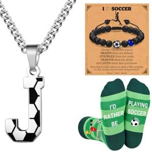 Soccer Gifts Set A-Z Letter Soccer Necklace for Men Novelty Soccer Socks&Soccer Bracelets for Soccer Lovers
