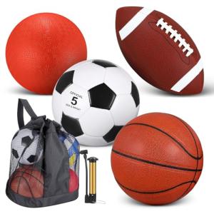 Lenwen 4 Pcs Sports Balls Set, Include Official Size Basketball Soccer Football Playground Ball Pump Equipment Bag for Teen Adult Christmas Ball Gifts(Brownish Red)
