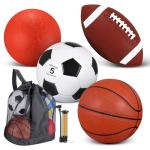 Lenwen 4 Pcs Sports Balls Set, Include Official Size Basketball Soccer Football Playground Ball Pump Equipment Bag for Teen Adult Christmas Ball Gifts(Brownish Red)