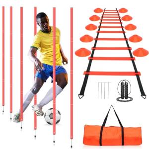 HOTOOLME Soccer Agility Training Poles Set Soccer Training Equipment- Includes 6 Agility Poles,Agility Ladder, 10 Soccer Cones,Jump Rope for Speed Training, Soccer Training, Basketball Athletes & Kids