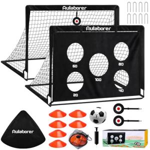 Soccer Goal, 2 Pack of 4x3ft Kids Soccer Goals Set for Backyard, Portable Pop-Up Soccer Net Training Equipment with Ball, Pump, Cones, Targets & Carry Bag for Toddler Outdoor Sports & Games
