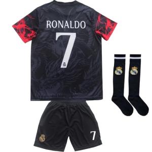 Pitch and Trek Ronaldo Madrid #7 Special Dragon Limited Edition Kids Soccer Jersey Shirts Football Futbol Socks Gift Set Youth Sizes(Black,26)