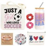JoycuFF Soccer Gifts for Girls Soccer Stuff Accessories Gifts Sport Lovers Gift Include Glass Cup, Makeup Bag, Canvas Bag, Bracelet, Hair Scrunchies, Stickers for Team Player Birthday Gifts for Women