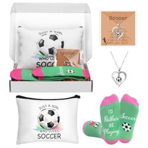 SilTriangle 5 Pcs Soccer Gifts for Women Party Favors Players Team Gift Players Makeup Bag Necklace Earrings Socks for Women Birthday Decorations Christmas Athlete Gifts Sport Stuff Accessories