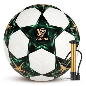 VORINA Premium Match Soccer Ball Size 5 – PU Leather Official Match Ball for Training & Games – All-Weather Performance – Includes Pump, Needle & Mesh Bag (Green & Gold)