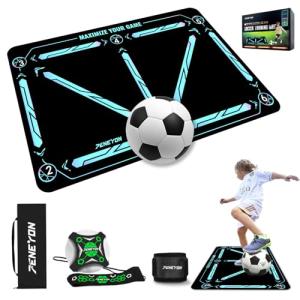 Soccer Training Mat with Adjustable Soccer Trainer - Non-Slip Soccer Training Equipment for Kids Youth to Boost Speed, Strength & Coordination | Soccer Trainer for Indoor/Outdoor Drills