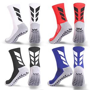 MENDENG Men's Grip Socks - Non Slip Soccer Socks, 4 Pack (Black, White, Blue, Red)