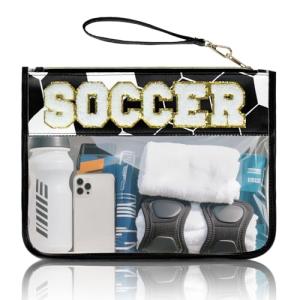 Soccer Gifts Makeup Bag with Chenille Letter Patch, for Boys 8-12 Football Stuff Kids Soccers Bag coach gifts Soccer Training Equipment Chenille Letter Clear Zipper Toiletry Pouch