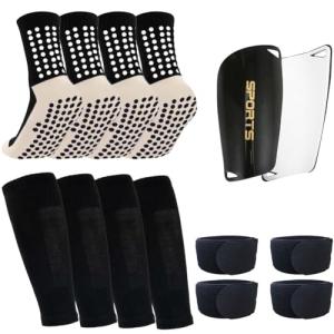 Ukontagood 2 Pairs Mens Grip Soccer Socks, 2 Pairs Shin Sleeves with 1 Pack Shin Guards and 4 Straps, Soccer Football Game Set 9 Pcs (Black)