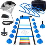 Haootadiy Agility Training Equipment, Football Training Equipment Includes 20FT Agility Ladder,4 Adjustable Agility Hurdles, 12 Football Cones, Parachute, for Training Soccer Basketball Athletes（Blue）