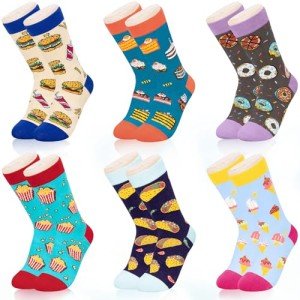 Dsia Zamur 6 Pack Boys Girls Food Socks + Gift Box, Novelty Funny Calf Crew Socks for Grandsons Hamburger Cake Pie Ice Cream Taco Popcorn Donut Lovers for 4-7 Years Old Kids