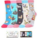 Zmart Socks for Girls: Crew, Animal Theme, 5 Pairs, Ages 4-7 Years, Corgi Chicken Llama Sloth, Funny Gifts for Kids