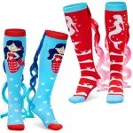 Tarpop 2 Pairs Fun Silly Wacky High Socks Compression Unicorn Mermaid Socks with Wigs Novelty Crazy Funny Gift for Kids Woman(Mermaid Style) Red,Blue
