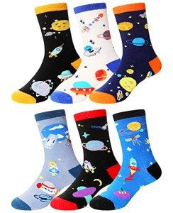 Boy Socks Kids Crazy Funny Novelty Gift Silly Cartoon Space Dinosaur Cotton Crew Cute Socks 6 Pairs(Space, 3-5 Years)