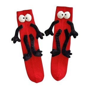 Funny Kids Holding Hands & Feet Socks, Magnetic Mid-Tube Socks for Toddler Baby Girl Boy 1-12 Years Friends Sisters Brothers (as1, age, 1_year, 12_years, Red)