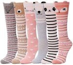 MOGGEI Kids Girls Knee High Socks - Long Boot Crazy Silly Fun Gift Tall Funny Cute Animal Child Gifts for 4-12 Year Old Girls - 6 Pairs Animal Socks