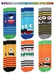 Jinei 6 Pairs Boys Monster Pattern Socks Kids Toddler Funny Crazy Cotton Crew Socks Novelty Christmas Gift Party Favors(7-10 Years)
