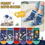 Queenshin Boys Novelty Socks Fun Crazy Funny Cute Cartoon Space Rocket Kids Cotton Crew Socks 6 Pairs