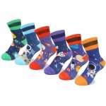 Queenshin Boys Novelty Socks Fun Crazy Funny Cute Cartoon Space Rocket Kids Cotton Crew Socks 6 Pairs