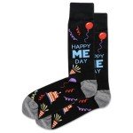 Hot Sox Men's Fun Pop Culture & Celebration Socks-1 Pair Pack-Cool & Funny Novelty Gifts, Happy Me Day Crew (Black), 6-12