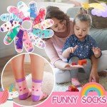 Welwoos Baby Girls Toddlers Grips Socks Kids Non Slip Anti Skid Funny Animal Cartoon Gift Cotton Socks with Grippers 12 Pairs Stocking Stuffers (Flower,3-5 Y)