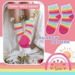 Queenshin Funny Girls Novelty Socks Teen Seamless Cute Short Socks Casual School Crazy Funky Kids Ankle Socks Rainbow Stripes 6 Pairs