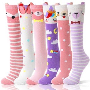 MOGGEI Kids Girls Knee High Socks Long Boot Crazy Silly Fun Gift Tall Funny Cute Animal Christmas Gift for 4 5 6 7 8 9 10 11 12 Year Old Girls Stocking Stuffers Socks 6 Pairs (Animal Pink Purple)