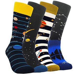 HSELL Mens Funny Colorful Planet Pattern Dress Socks Novelty Crazy Design Cotton Socks for Men Unisex Fancy Gifts (4 Pairs Planet Assorted)