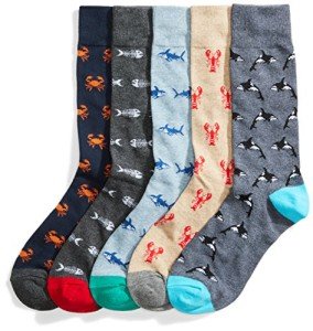 Amazon Essentials Mens Comfortable Patterned Dress Socks, 5 Pairs, Crab/Dolphin/Sea Life, Size One Size