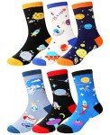 Boy Socks Kids Crazy Funny Novelty Gift Silly Cartoon Space Dinosaur Cotton Crew Cute Socks 6 Pairs(Space, 6-8 Years)
