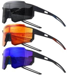 STORYCOAST Sports Running Sunglasses for Men Women Cycling Driving Fishing Bike Sunglasses Polarized UV400 Protection 3Pack Matte Black/Gray+Matte Black/Red+Matte Black/Dark Blue