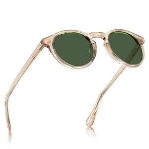 CARFIA Acetate Vintage Round Polarized Sunglasses for Men UV400 Lenses Hand-crafted Frame Clear Tea Frame Green Lens