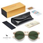 CARFIA Acetate Vintage Round Polarized Sunglasses for Men UV400 Lenses Hand-crafted Frame Clear Tea Frame Green Lens