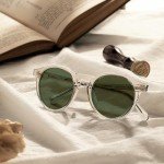 CARFIA Acetate Vintage Round Polarized Sunglasses for Men UV400 Lenses Hand-crafted Frame Clear Tea Frame Green Lens