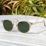 CARFIA Acetate Vintage Round Polarized Sunglasses for Men UV400 Lenses Hand-crafted Frame Clear Tea Frame Green Lens