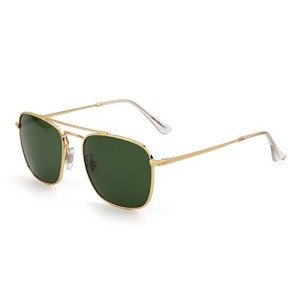 JIM HALO Retro Square Aviator Sunglasses Premium Glass Lens Flat Metal Eyewear Men Women (Gold/Green)