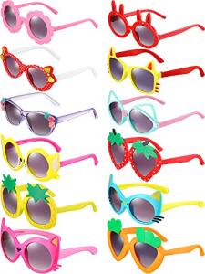Weewooday 12 Pairs Kids Sunglasses Bulk Toddler Cat Strawberry Flower Heart Shaped Cartoon Party Sunglasses for Kids(Elegant Style)
