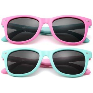 COASION Kids Sunglasses Age 4-12, 2 Pack Girls Boys Polarized TPEE Rubber Flexible Shades Glasses for Big Kids (Pink Green Frame/Grey Lens+Green Pink Frame/Grey Lens)
