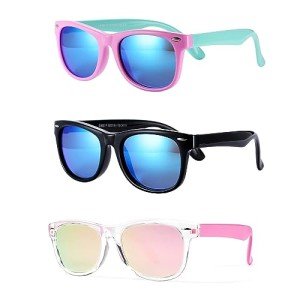 Pro Acme Kids Polarized Sunglasses, Flexible TPEE Rubber Toddler Shades for Girls Boys, Ages 3-12（A1 Pink/Blue + Black/Blue + Crystal/Pink Mirrored）