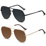 ANDWOOD Oversized Aviator Sunglasses for Women Big Large UV Protection Pilot Sun glasses Double Bridge 2 Pack Polarized Black Brown Shades