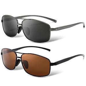 SUNGAIT Ultra Lightweight Rectangular Polarized Sunglasses Men UV400 Protection (Black Frame Brown Lens+Gunmetal Frame Gray Lens)