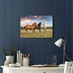 WALLSUP DECOR Animal Horses Wall Art Painting - Wildlife Canvas Picture Western Lovely Horse Playing Running on Grass Artwork for Bedrooms Hallway