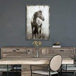 Horse Wooden Farmhouse Wall Art: Farmed Rustic Gray Horse Decor Nature Wildlife Portrait Painting Western Animals for Bedroom Farm 16x12