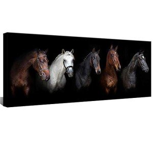 Large Animal Canvas Wall Art Black and White Horse Picture Prints Inspirational Horses Wall Decor Living Room Modern Artwork Home Decoration Framed Ready to Hang 20"x48"