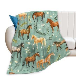 Horse Blanket Cute Horses Flowers Decor Throw Blanket Gifts for Girls Boys Animal Lover Couch Bedding Super Warm Soft Plush Lightweight Fleece Flannel Blanket for Kids Adults Men Women 50"X40"