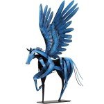 SunBlogs Art Horse Statue Décor Artwork, 24" H Handmade Metal Pegasus Greek Flying Horse Sculpture, Hand-Painted Animal Figurines for Home Living Room Office (Vintage Blue with Wings)