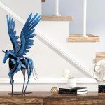 SunBlogs Art Horse Statue Décor Artwork, 24" H Handmade Metal Pegasus Greek Flying Horse Sculpture, Hand-Painted Animal Figurines for Home Living Room Office (Vintage Blue with Wings)