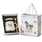 HIGHTERTON Horse Coffee Mug, 12 oz Enameled Mug, Ceramic Porcelain Tea Cup with Lid and Spoon, Birthday Present for Friends, Lady or Any Horse Lovers