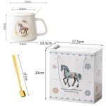 HIGHTERTON Horse Coffee Mug, 12 oz Enameled Mug, Ceramic Porcelain Tea Cup with Lid and Spoon, Birthday Present for Friends, Lady or Any Horse Lovers
